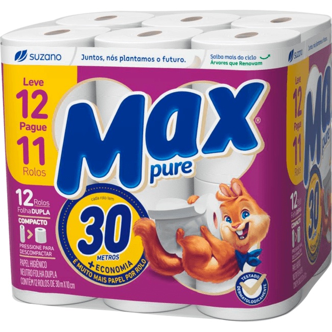 Papel Higiênico Max Pure folha dupla 30m pacote com 12 rolos