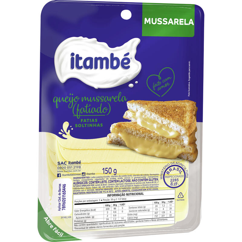 Queijo tipo mussarela fatiado Itambé embalagem 150g