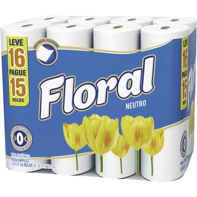 Papel Higiênico Floral folha simples 30m pacote com 16 rolos